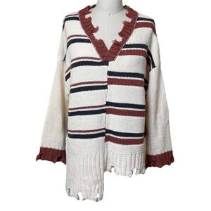 POL New Chunky Knit Distressed Sweater Striped Cream S